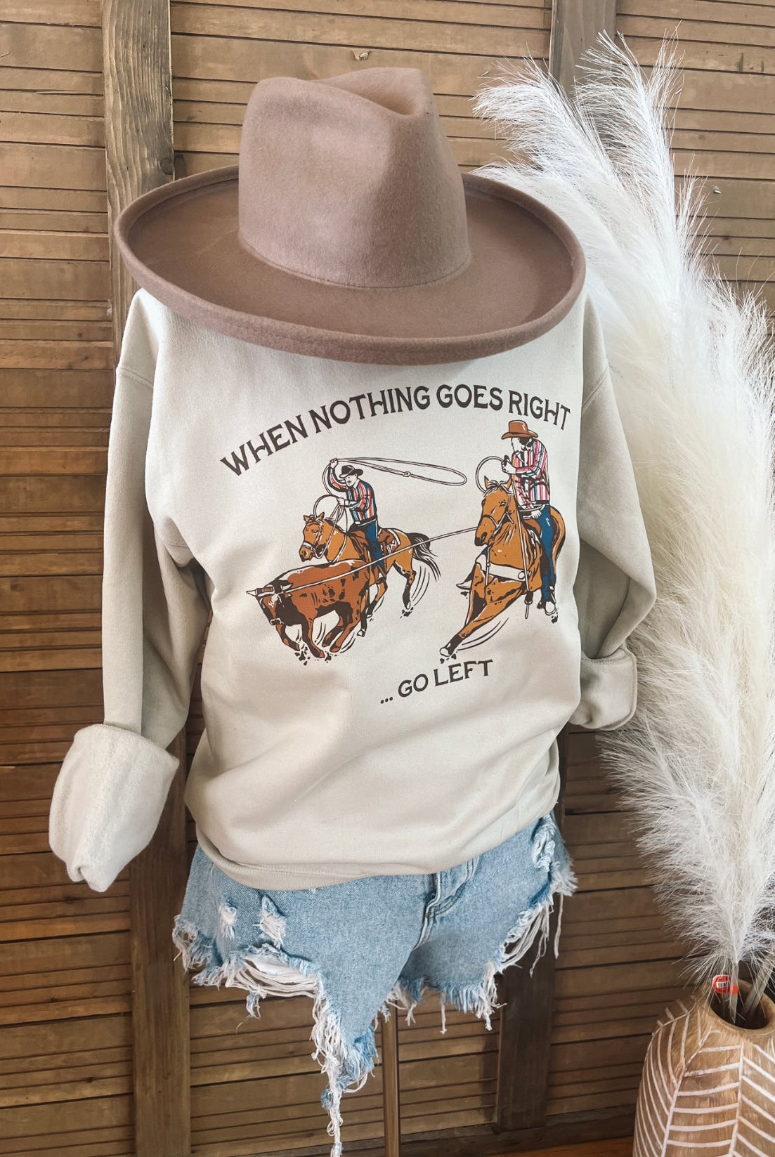 When Nothing Goes Right Go Left Team Roper Sweatshirt(Adult)(Taupe)