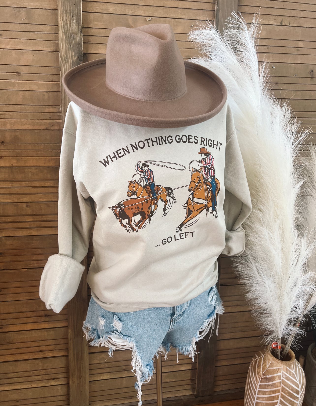 When Nothing Goes Right Go Left Team Roper Sweatshirt(Adult)(Taupe)