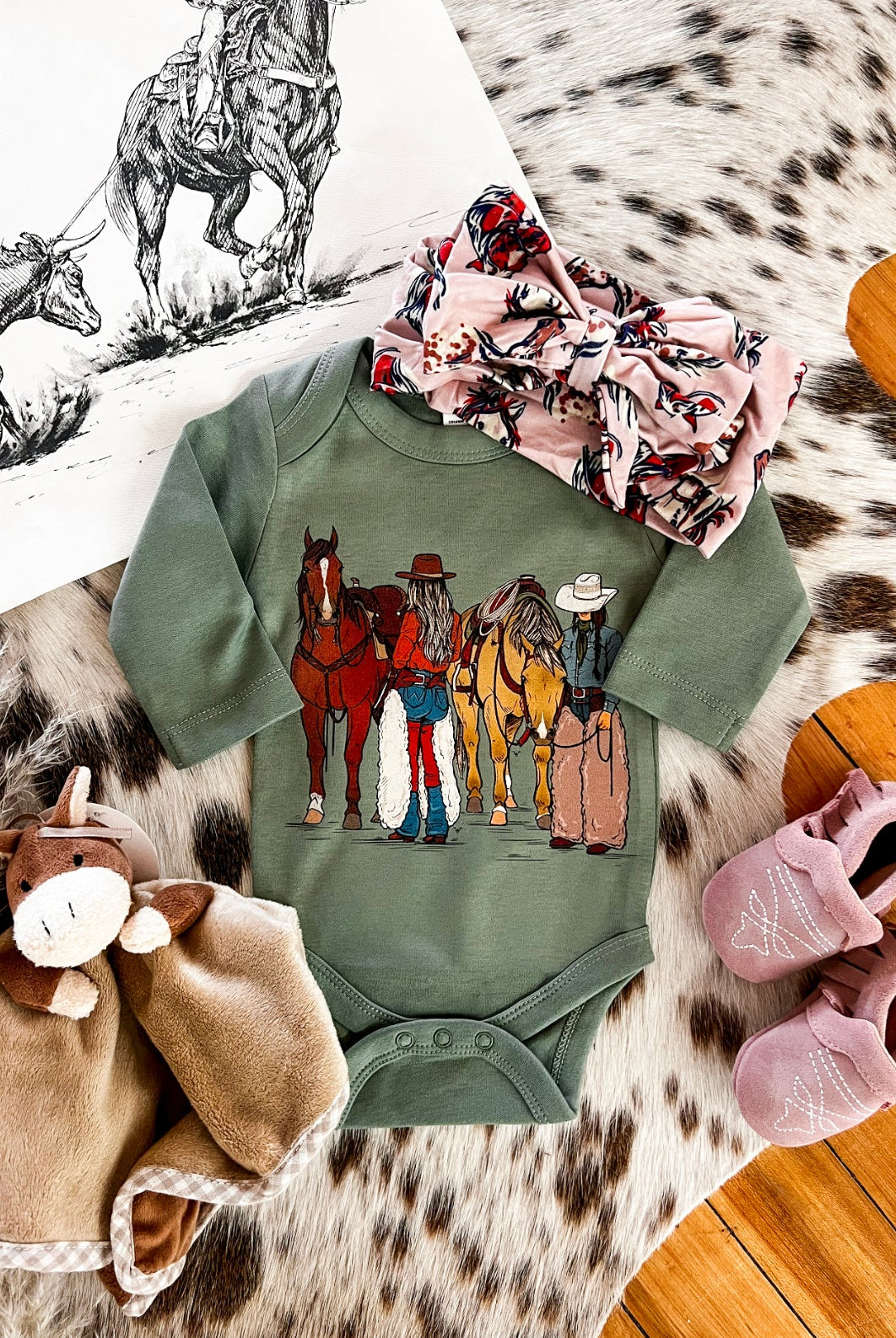 Cowgirl Duo Longsleeve Onesie(little kid)(green)