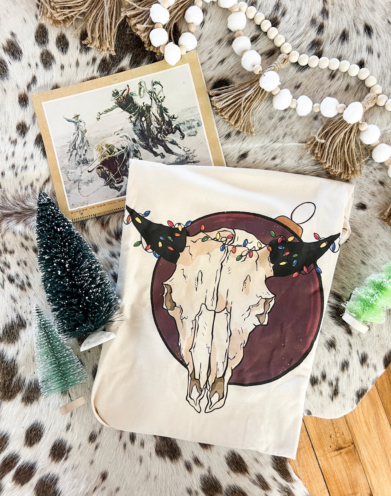 Jingle Bell Bull Skull Christmas Design Tee or Sweatshirt (cream) (Adult)