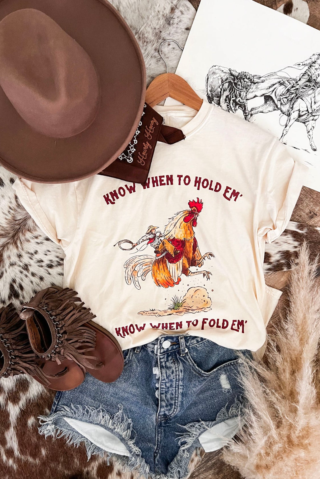 Fold Em’ Buckaroo Cowboy Rooster Tee