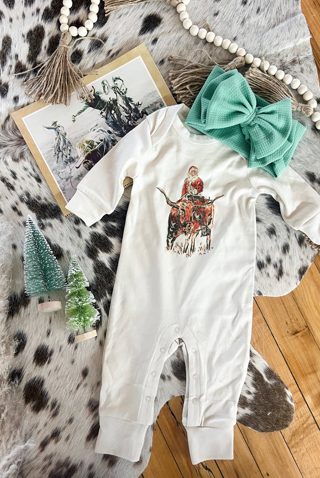 Santa On Longhorn (Organic One piece Long Onesie)