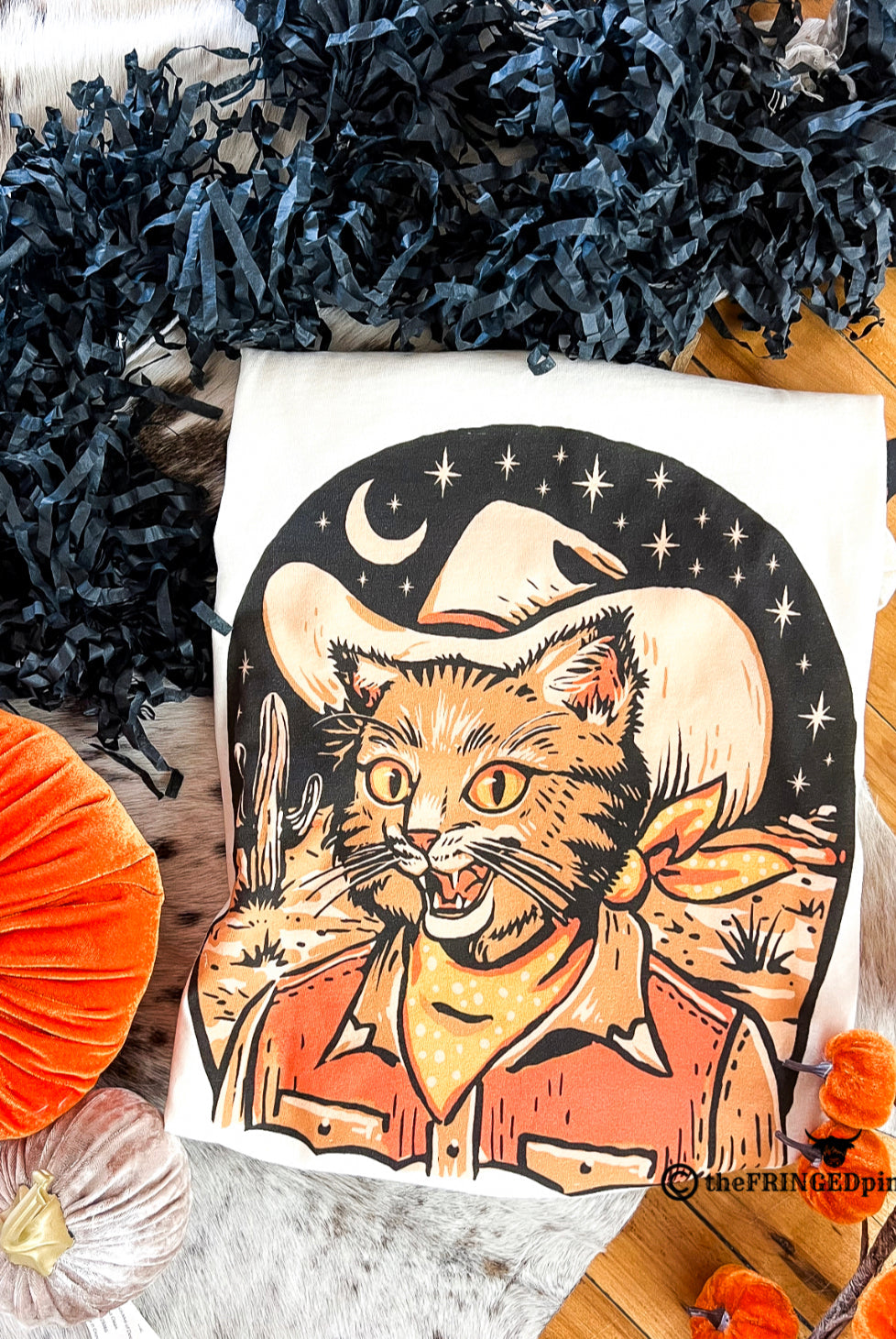 Halloween Cowboy Cat Design Tee or Sweatshirt (cream) (Adult)