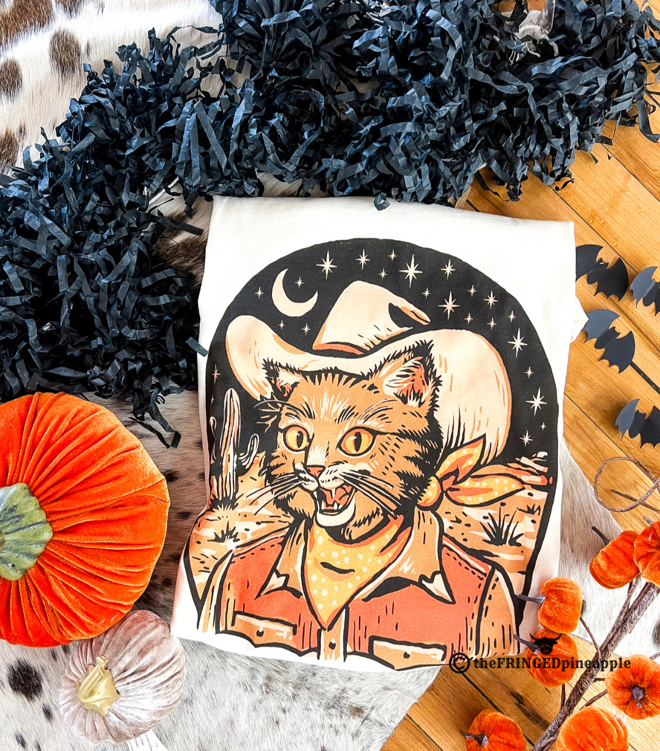 Halloween Cowboy Cat Design Tee or Sweatshirt (cream) (Adult)