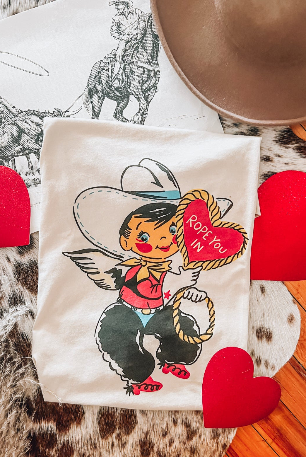 Vintage Cowboy Cupid Valentines Design Tee or Sweatshirt (cream) (Adult)