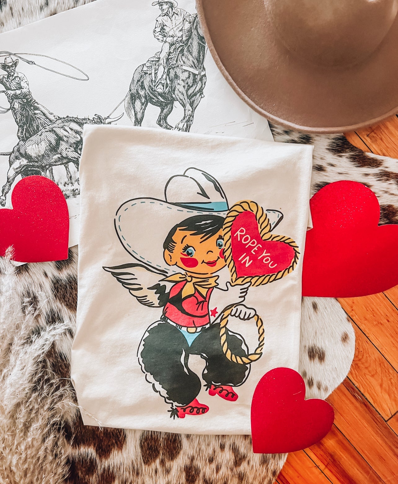 Vintage Cowboy Cupid Valentines Design Tee or Sweatshirt (cream) (Adult)