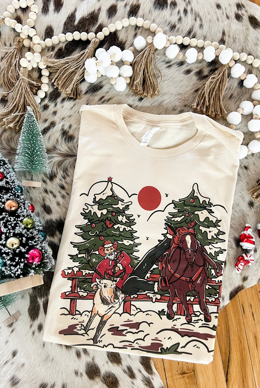 Bulldogger Cowboy Christmas Design Tee or Sweatshirt (cream) (Adult)