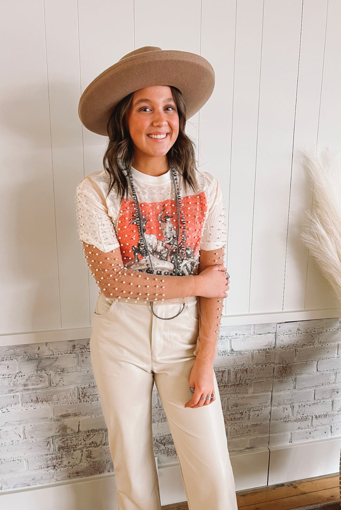 Faux Pearl Sheer Mesh Crop Top