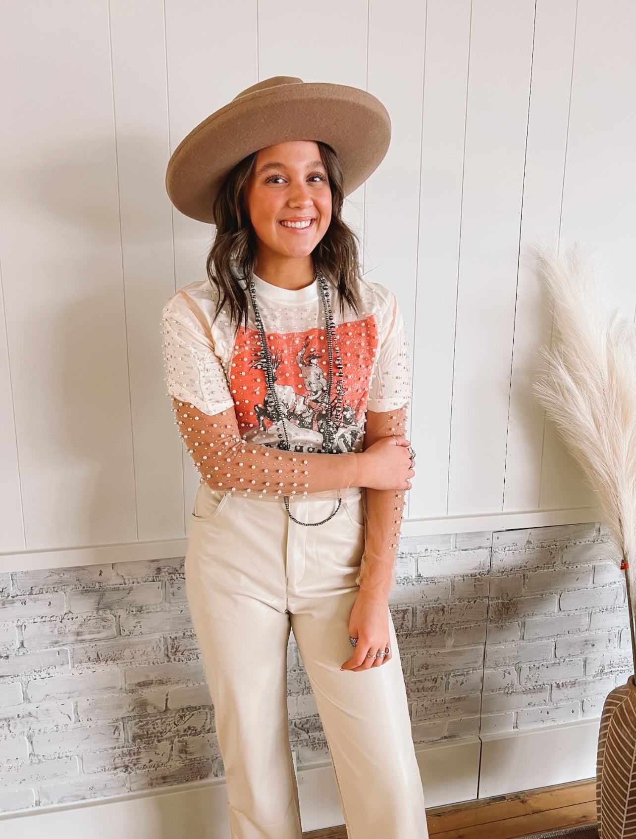 Faux Pearl Sheer Mesh Crop Top