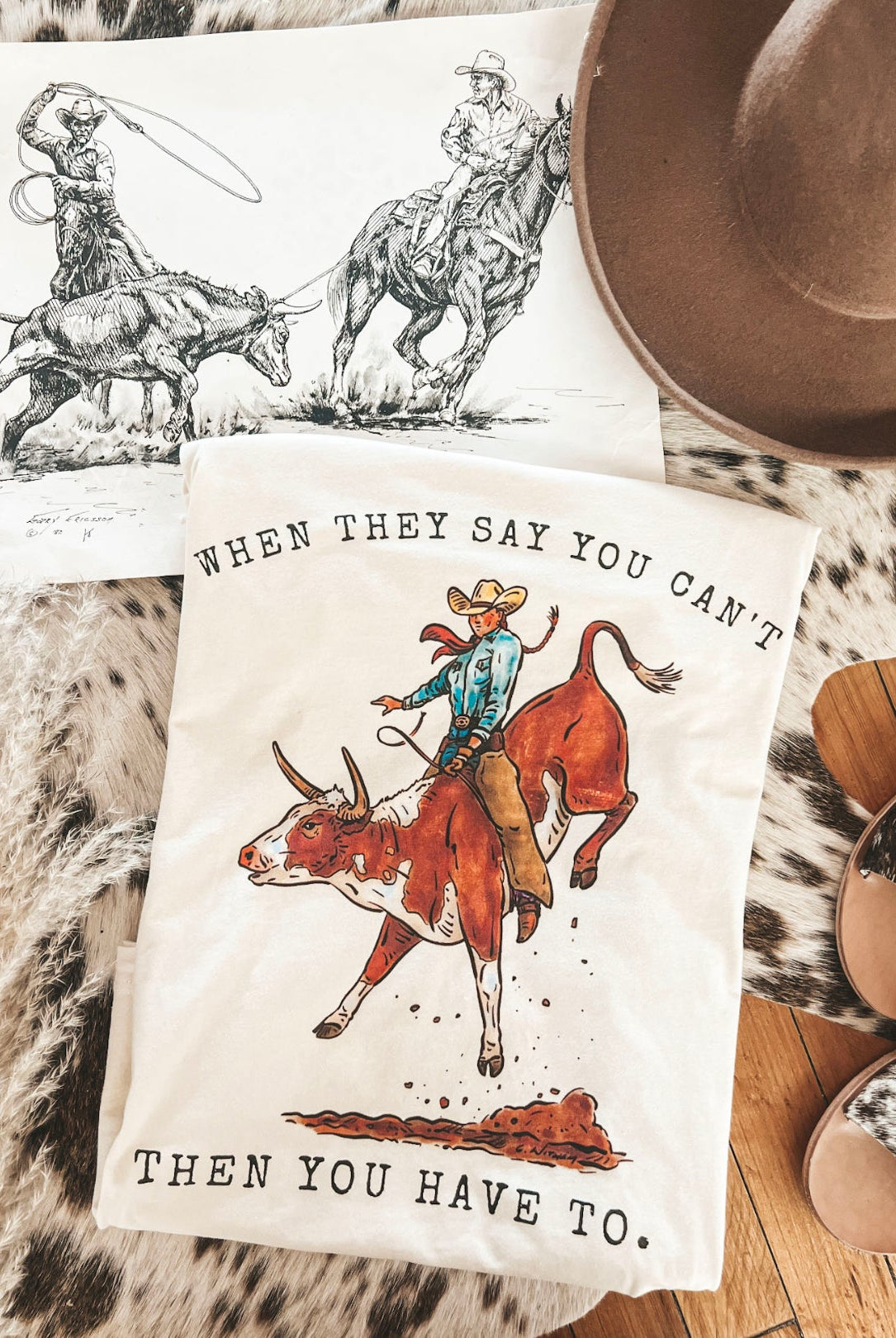 Bull Rider Cowgirl Tee or Sweatshirt(Adult)(Cream)