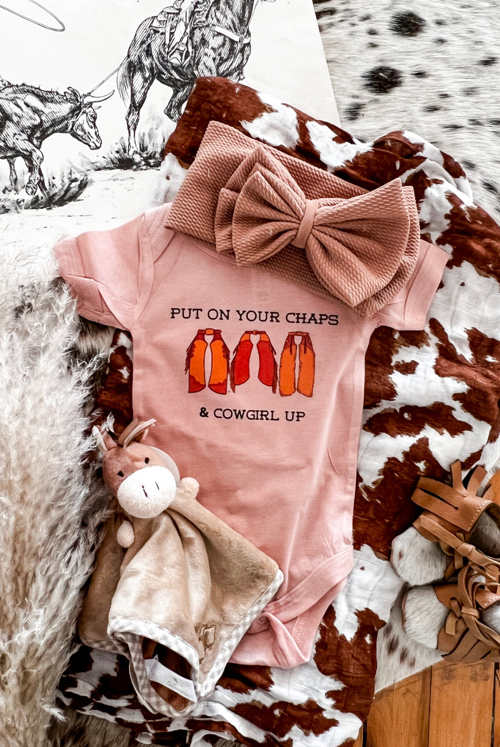 Chaps Cowgirl Design (Youth Onesie/Tee)(salmon pink/Cream)