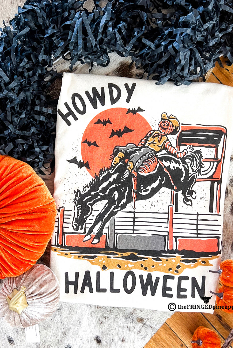 Halloween Bronc Pumpkin Cowboy Design Tee or Sweatshirt (cream) (Adult)