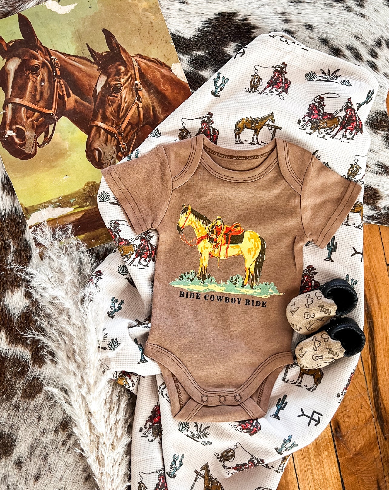 Ride Cowboy Ride S/S Onesie/S/S Tee(little kid)(Brown)