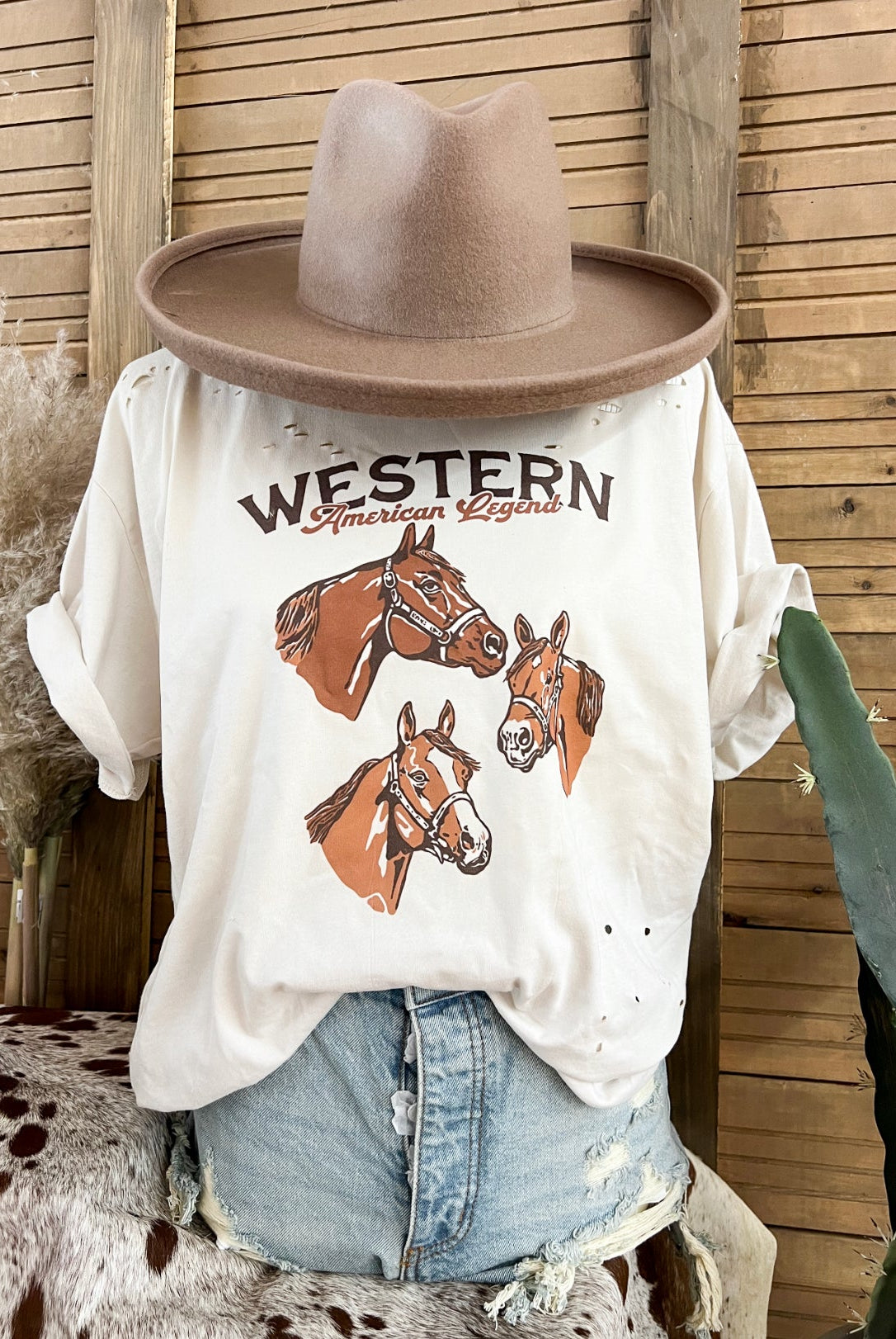 Western American Legend Horse Distressed Tee (Adult)(Taupe)