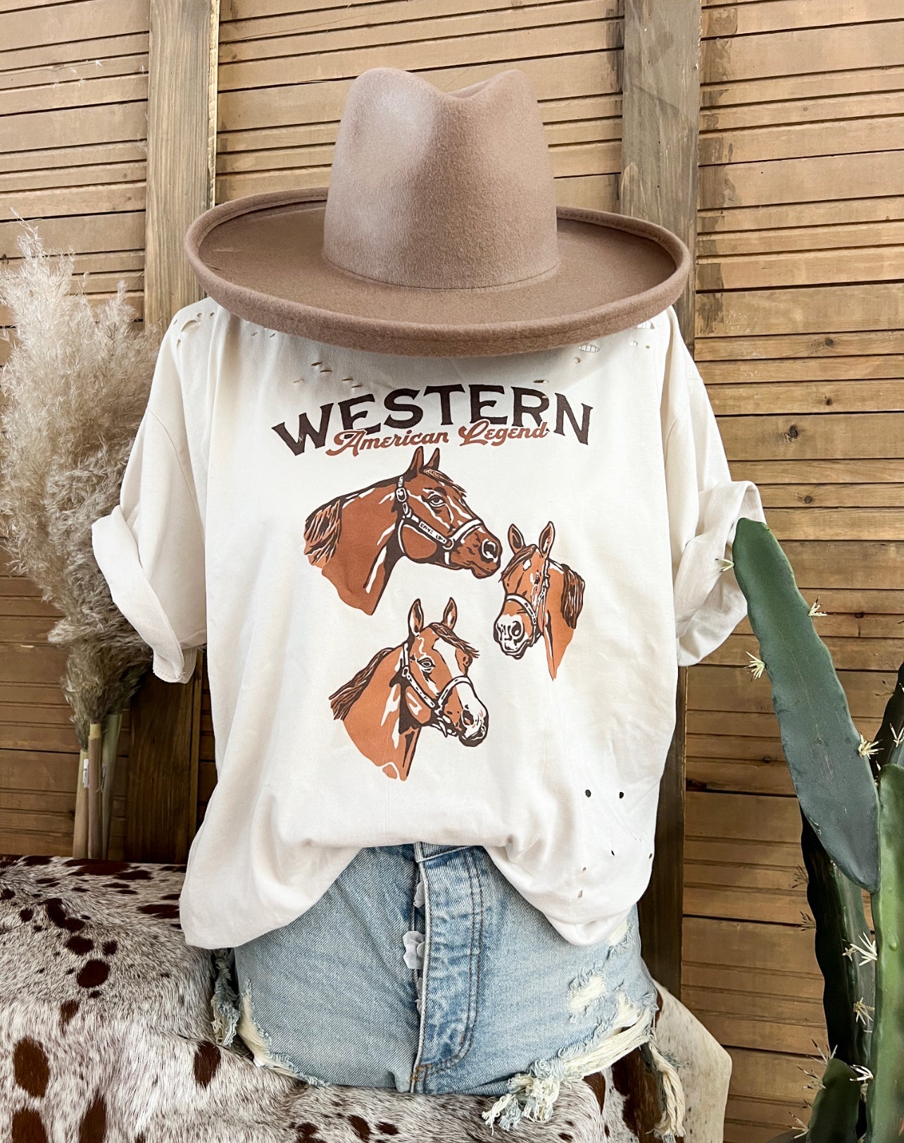 Western American Legend Horse Distressed Tee (Adult)(Taupe)