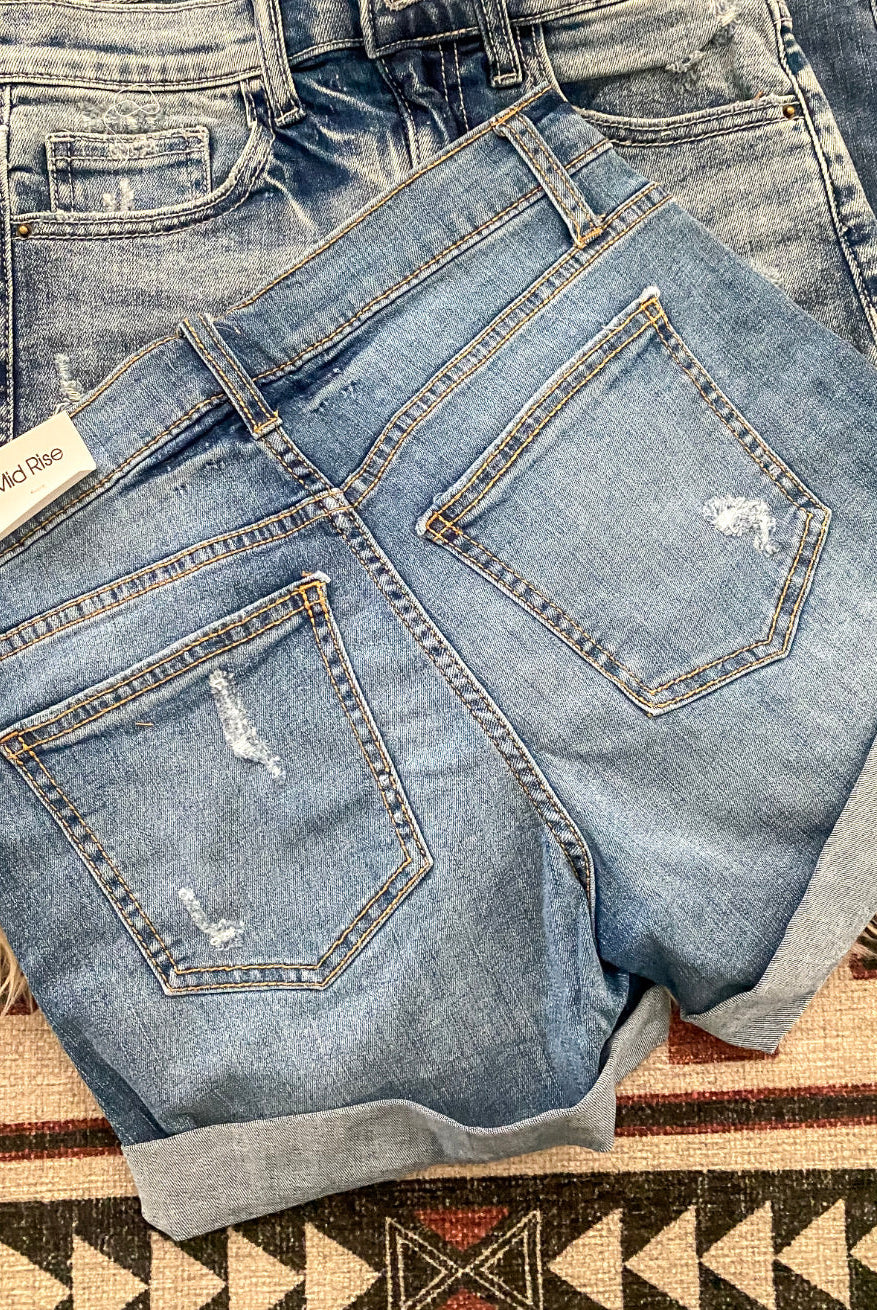 Denim Darlin Semi Cuffed Distressed Shorts. (Mid rise sp735)
