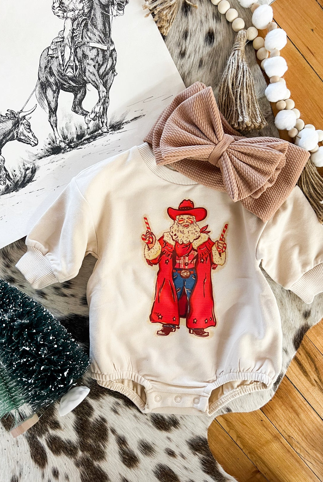 Outlaw Cowboy Santa Christmas Bubble Romper (cream)