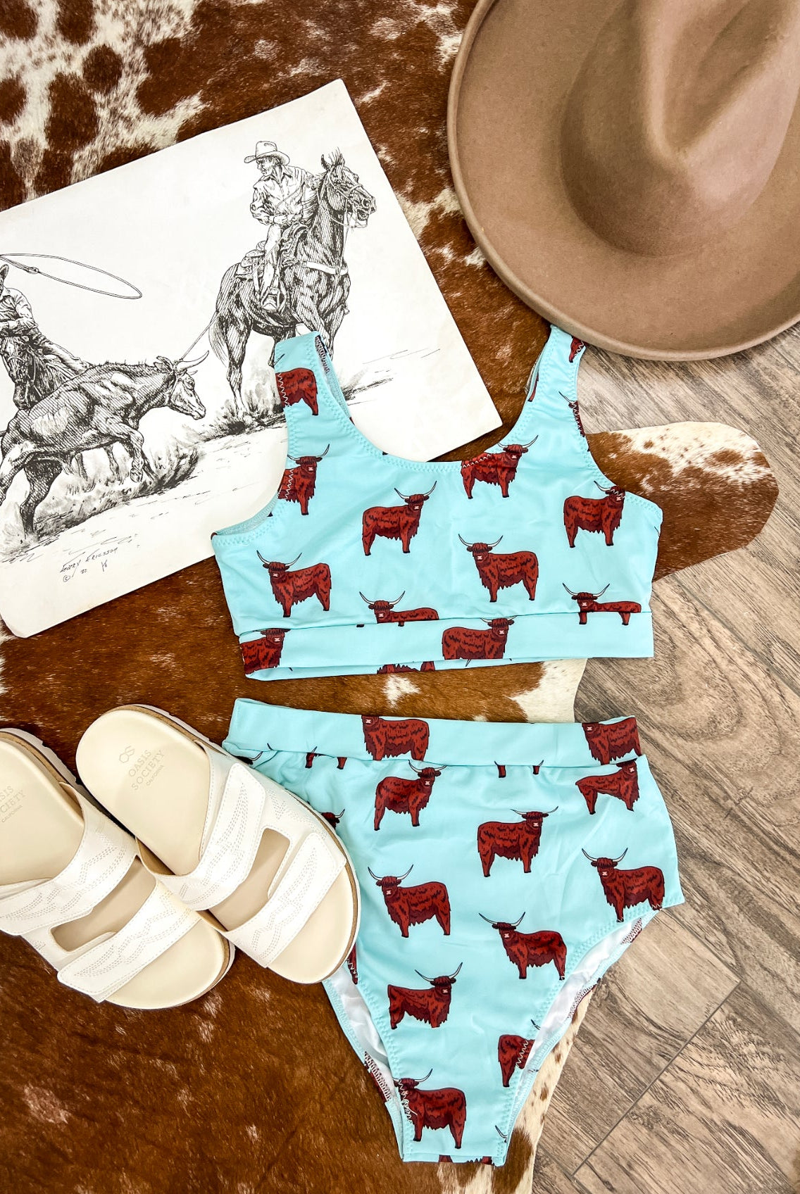 Howdy Highland Blue High Waisted Swimsuit (womens)(final sale)