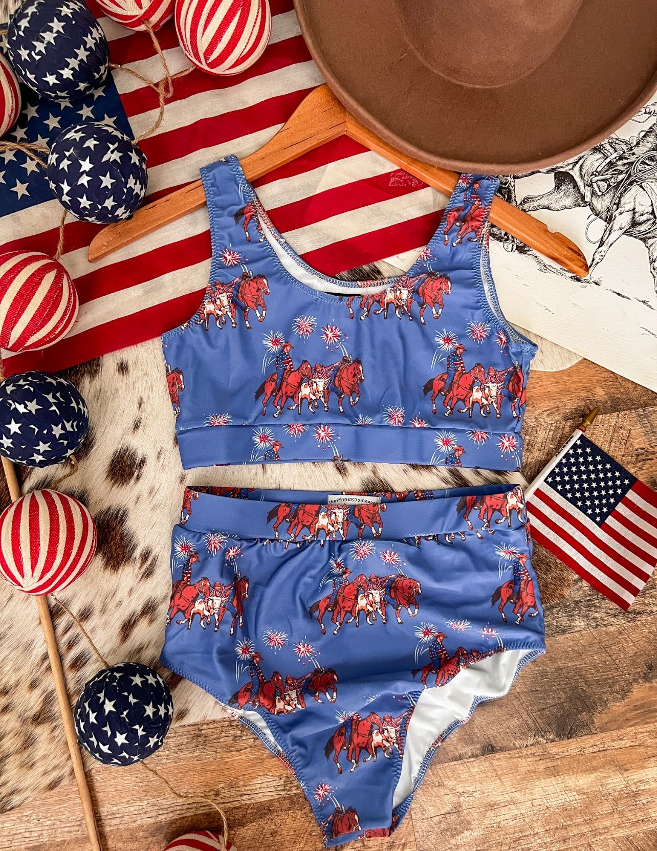 Western 4th Of July-Bulldogger High Waisted Swimsuit (womens)(final sale) 2XL