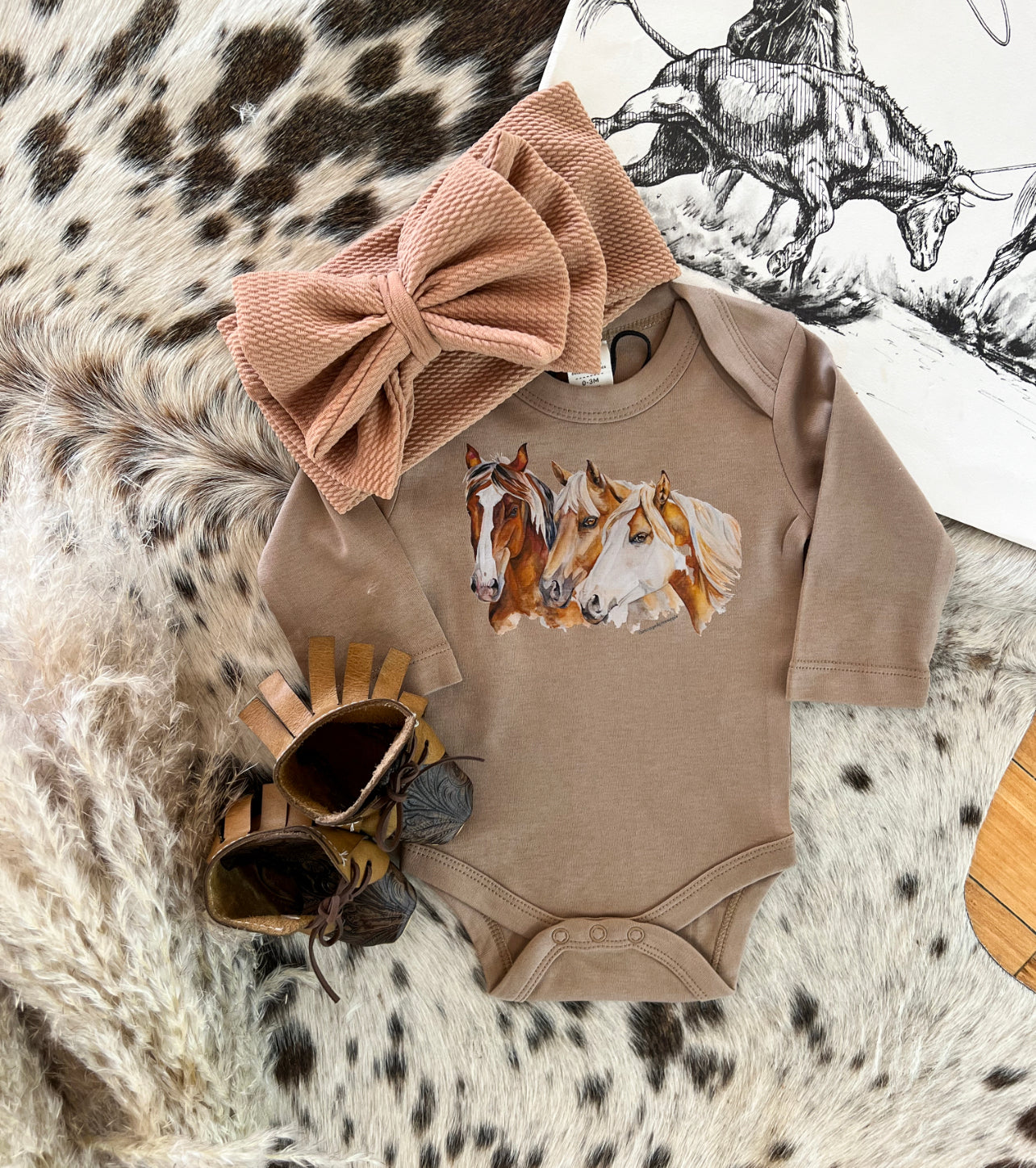 Three Is A Charm Horse Longsleeve(little kid)(truffle)