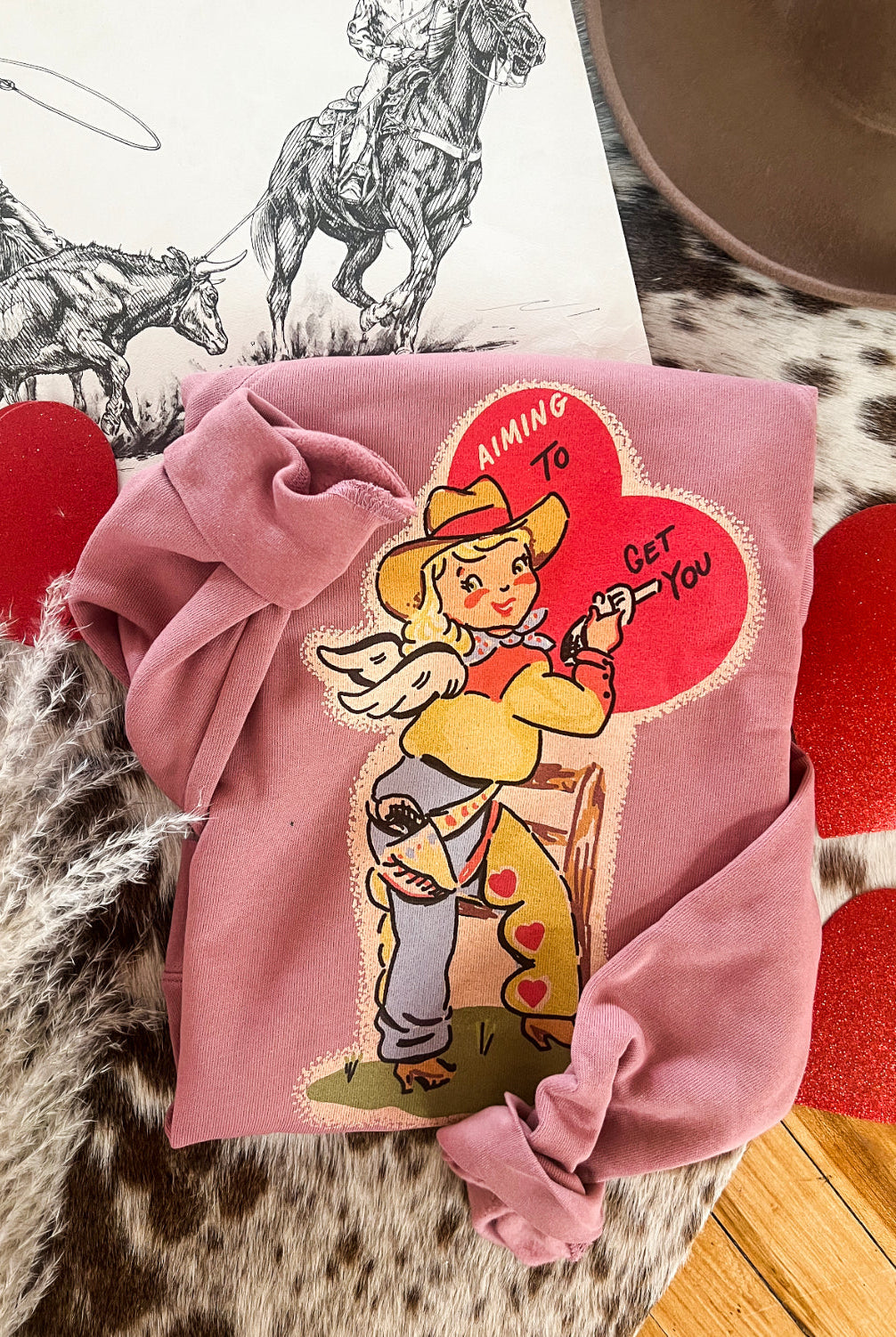 Vintage Cowgirl Valentines Sweatshirt (rose pink)