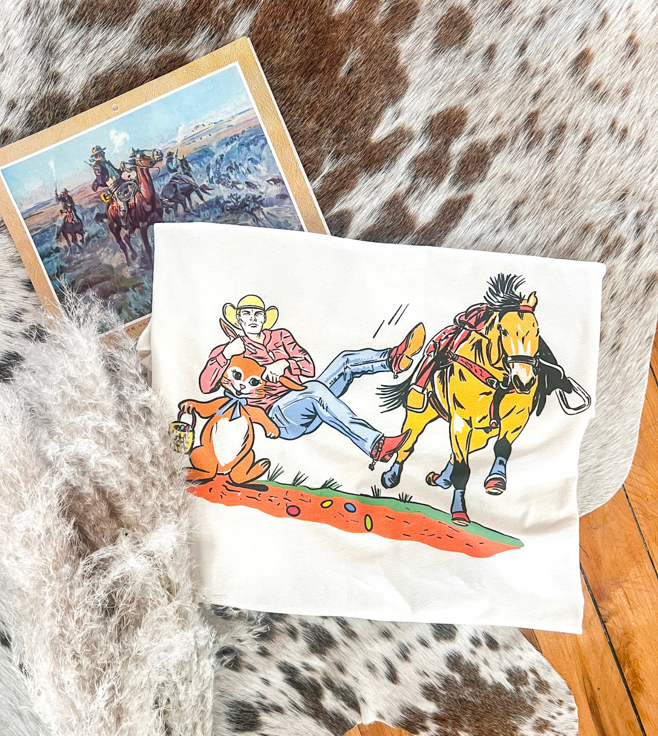 Bunny Bulldogger Cowboy Easter Tee or Sweatshirt (cream) (Adult)