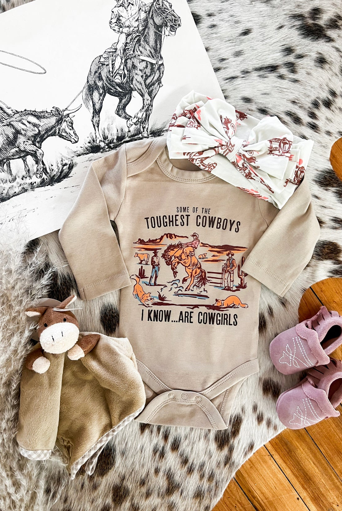Toughest Cowgirl Longsleeve Onesie(little kid)(clay)