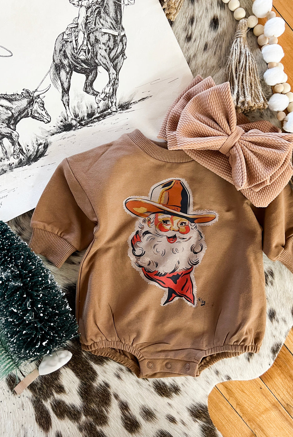 Cowboy Santa Christmas Bubble Romper (cognac)