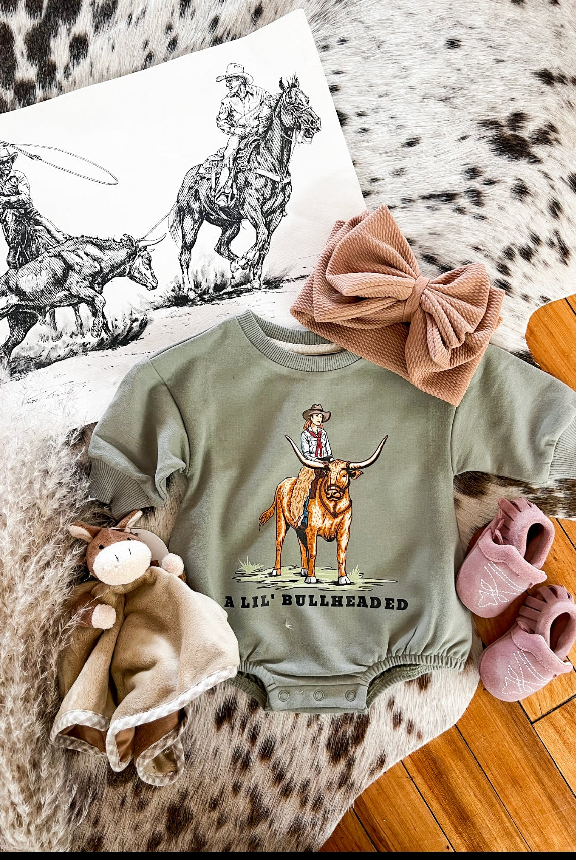 Longhorn Cowgirl Bubble Romper (light green)