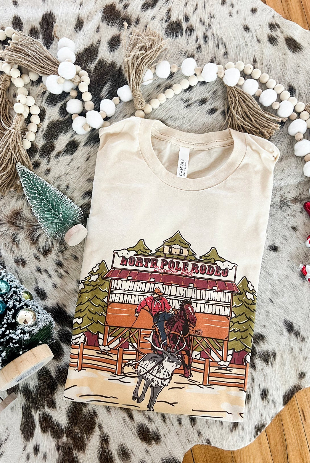 Calf Roper Christmas Design Tee or Sweatshirt (cream) (Adult)