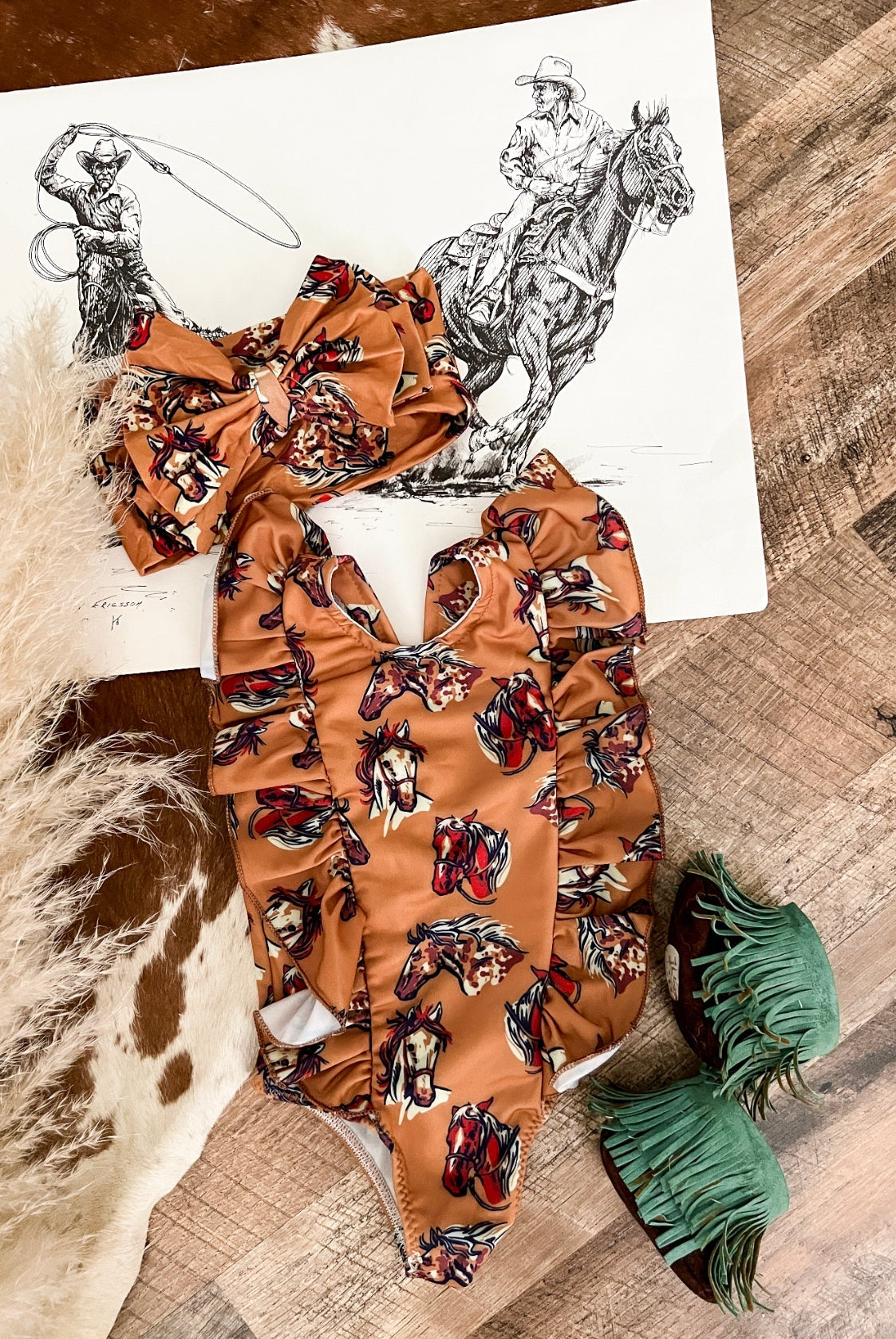 Ride The Pony Wild HorseCamel Ruffle Swimsuit(Kids) NB