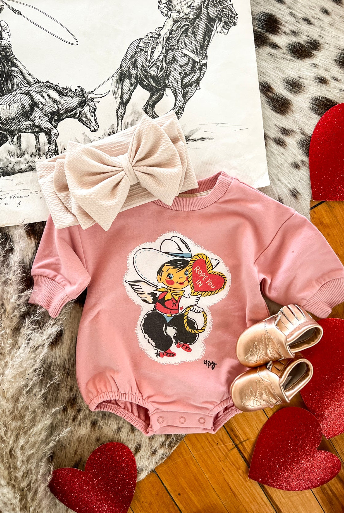 Cowboy Cupid Valentine Bubble Romper (Infant) (Light Pink)