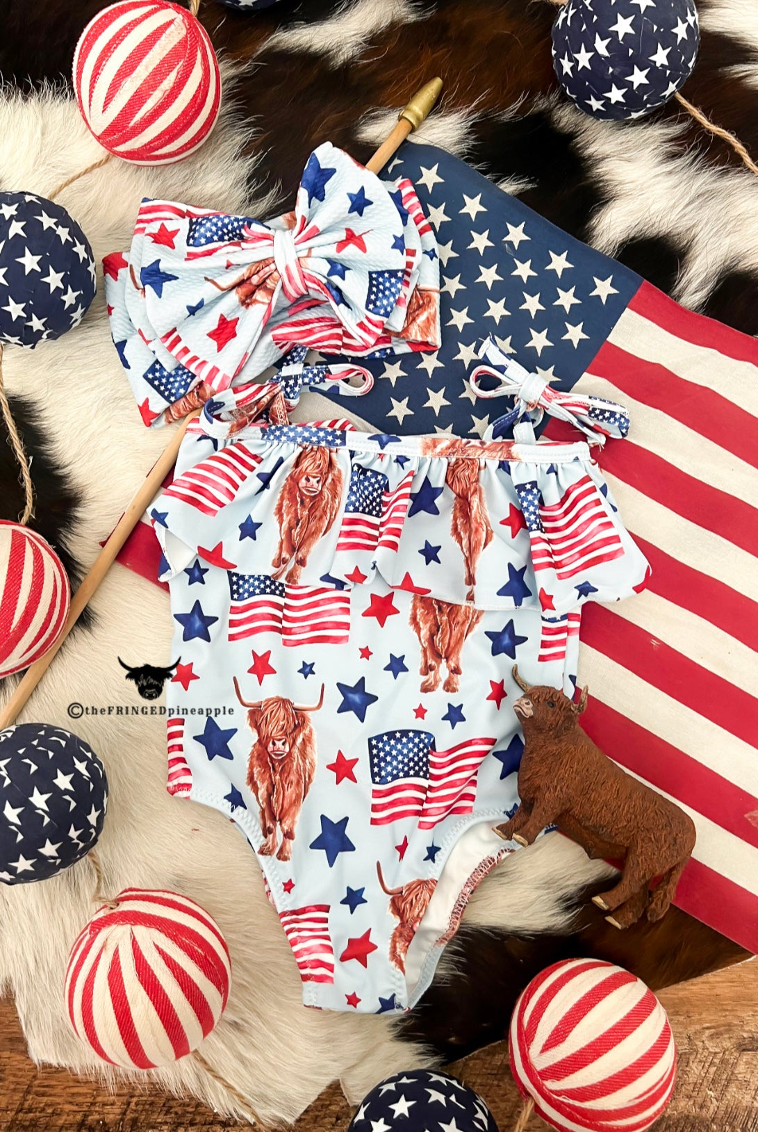 Western Blue Highland Flag Double Tie Swimsuit (final sale) 0-3m (4xs)