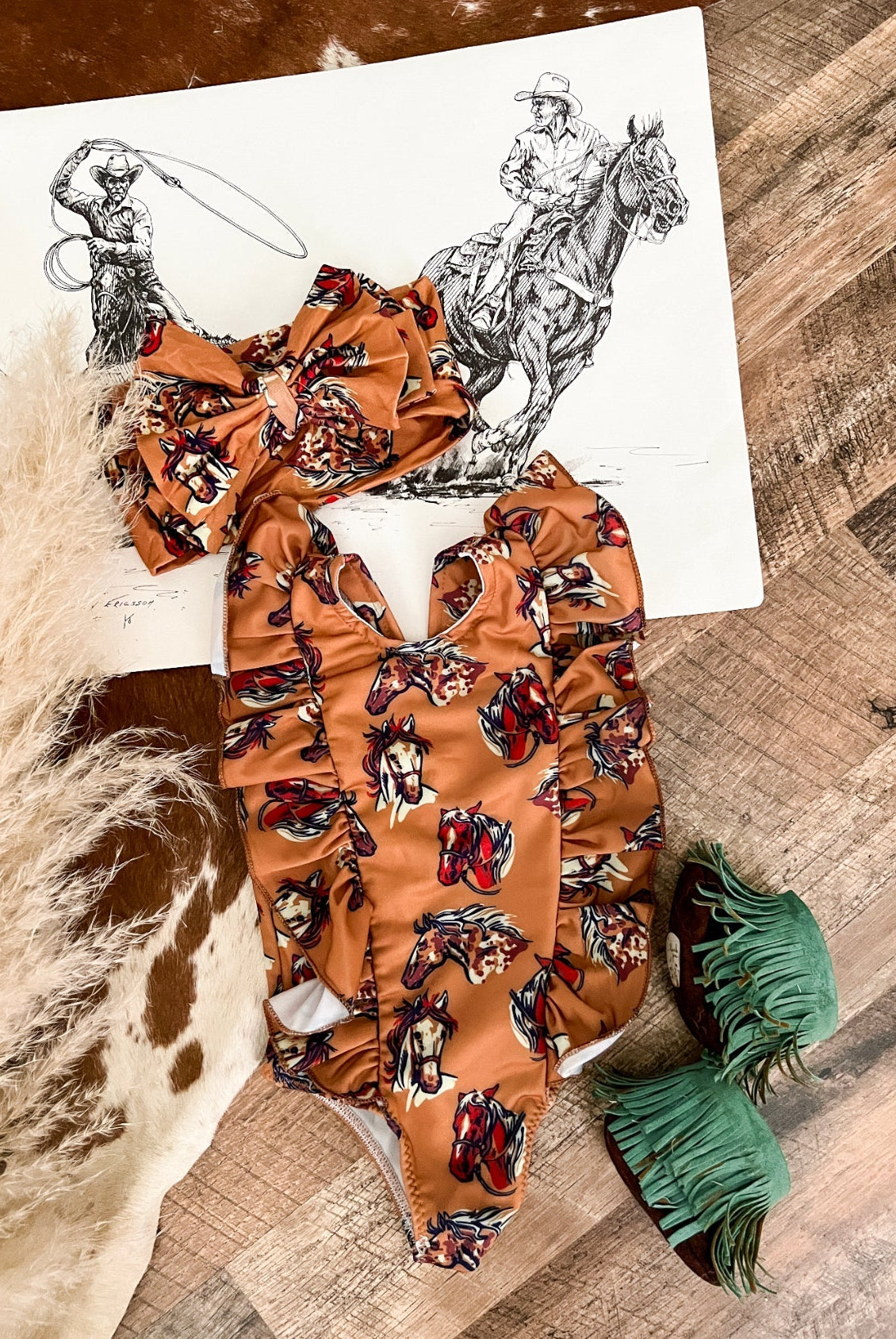 Ride The Pony Wild HorseCamel Ruffle Swimsuit(Kids) NB