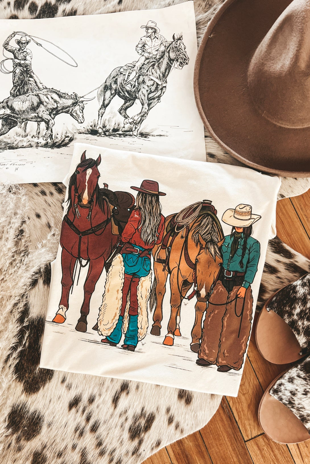 Double Duo Cowgirl Tee or Sweatshirt(Adult)(Cream)