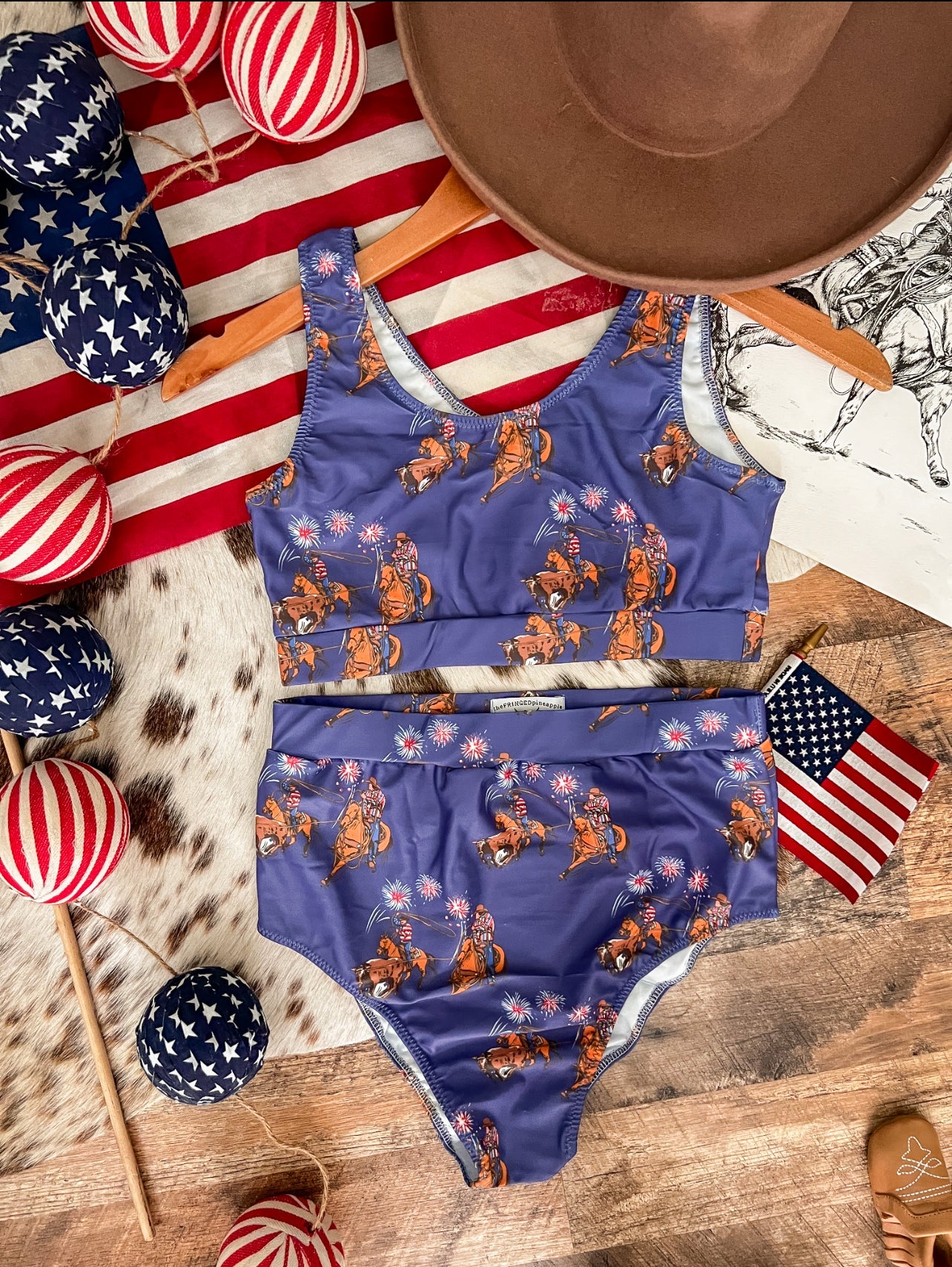 Western 4th Of July-Team Roper High Waisted Swimsuit (womens)(final sale) 2XL