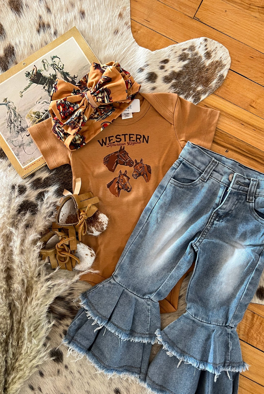 Denim Cowgirl Double Ruffle Denim Flares(light fade) (little kid) 6/12M(2XS)