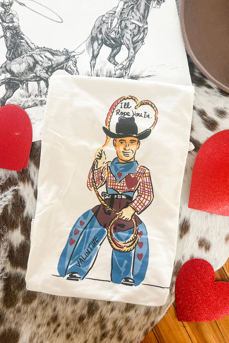 I’ll Rope You In Valentines Cowboy Design Tee or Sweatshirt (cream) (Adult)
