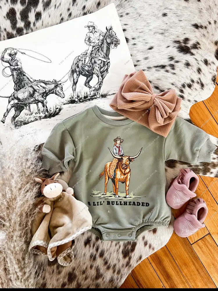 Longhorn Cowgirl Bubble Romper (light green)
