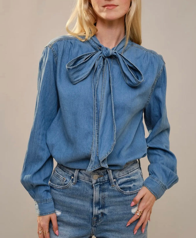 Dainty Denim Front Tie Blouse (light)