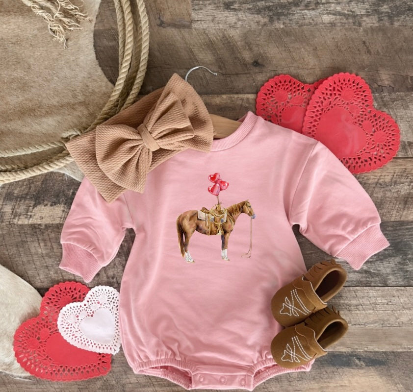 Balloon Horse Valentines Bubble Romper (Infant)((Pink)