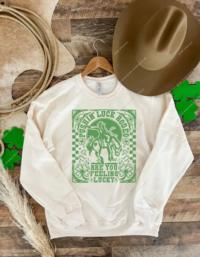 Pushin’ Luck Rodeo Tee or Sweatshirt (Adult) (Taupe)