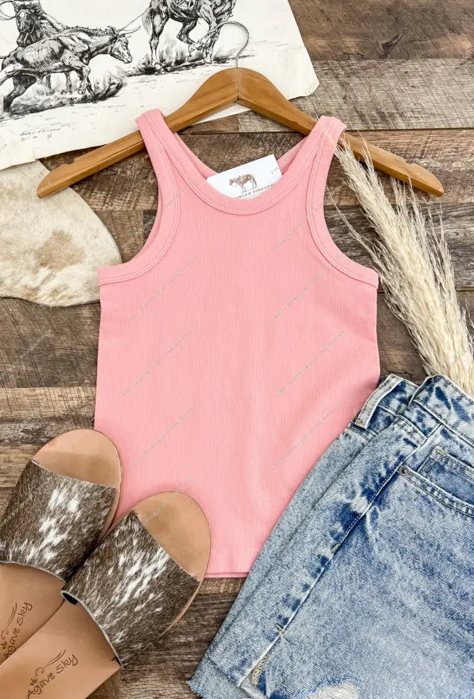 Seamless Ribbed High Neck Tank (Pink)