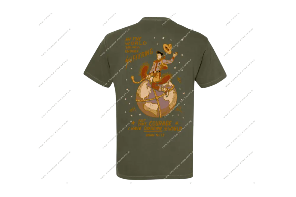 ’Take Courage’ Cowboy on the World Tee-John 16:33 (Hemp)