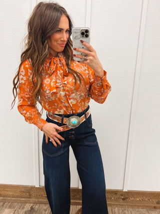 Rust Floral Ruffle Blouse