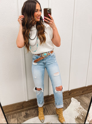 Distressed High Rise Straight Leg Denim