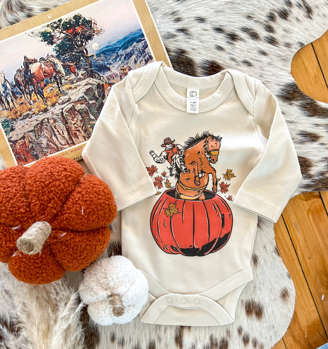 Fall Bronc Pumpkin Cowboy Longsleeve Onesie(little kid)(natural)