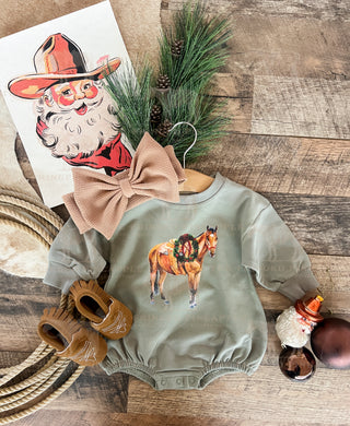 Wreath Horse Christmas Bubble Romper (Green)