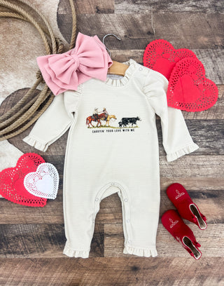 Carrying Your Love With Me  Cowboy Valentines Waffle Romper(Infant)(Cream)