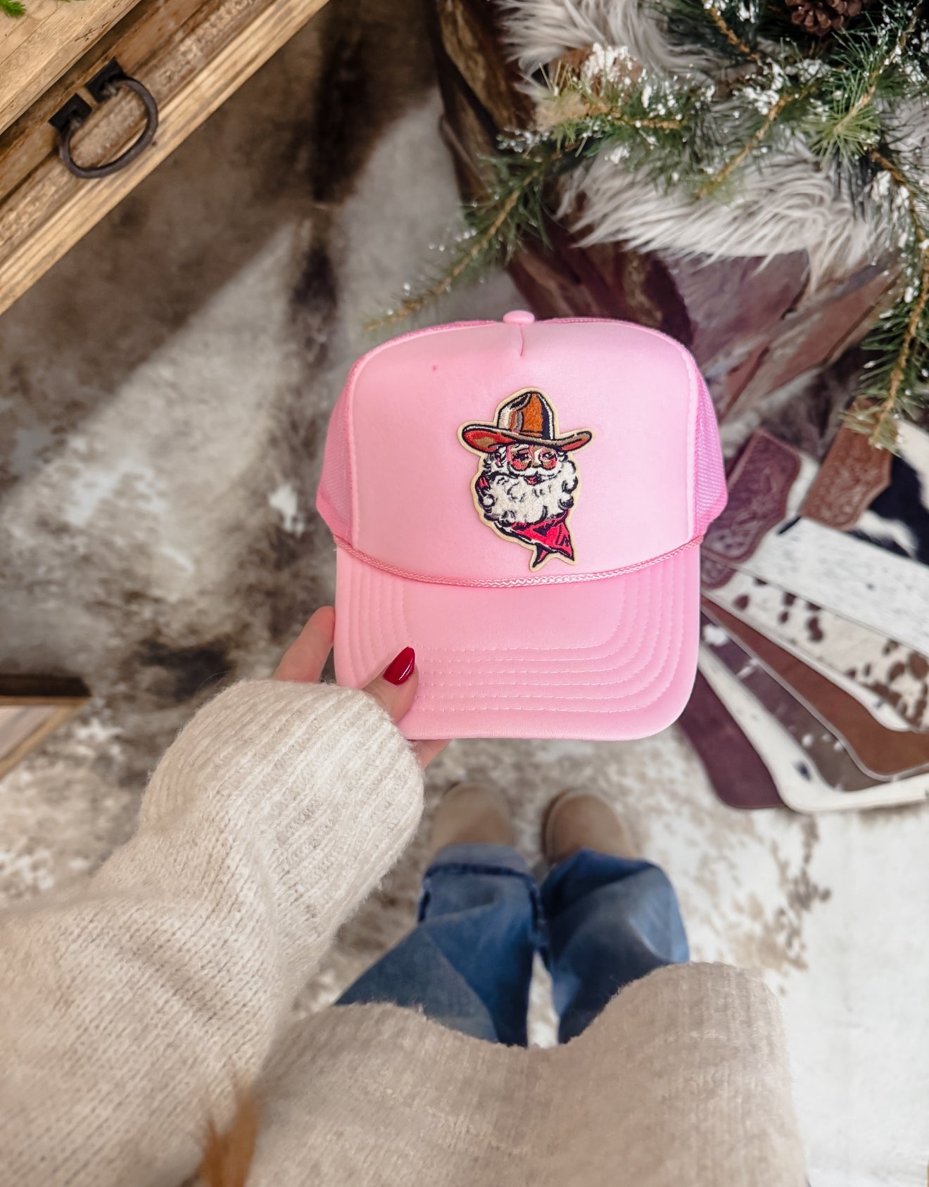 Chenille Cowboy Santa Patch Trucker Hat (pink)